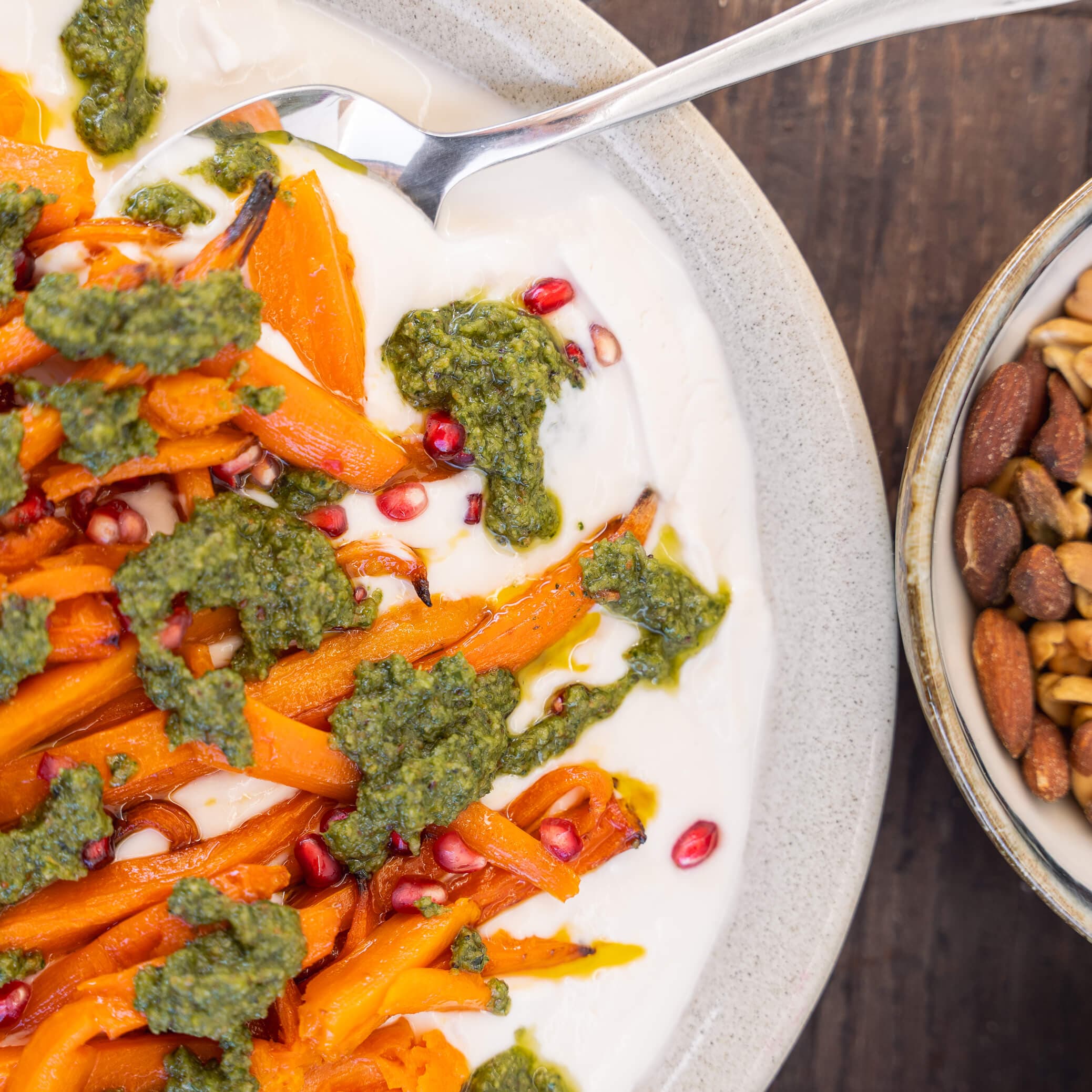 Photography of carrot, pesto and yoghurt dish